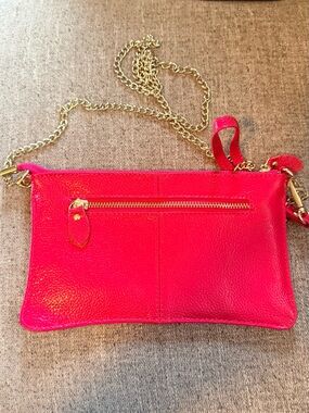 Hot Pink Leather Crossbody Clutch with Gold Chain
